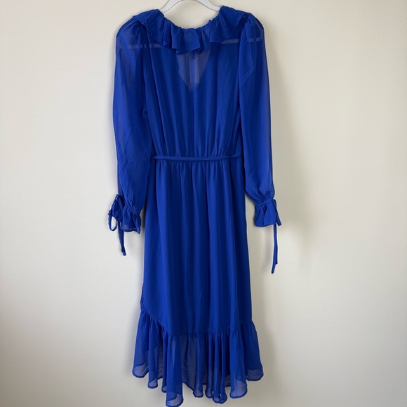 NWT By Anthropologie Long Sleeve Ruffled Asymmetric Midi Dress Blue - Picture 5 of 8